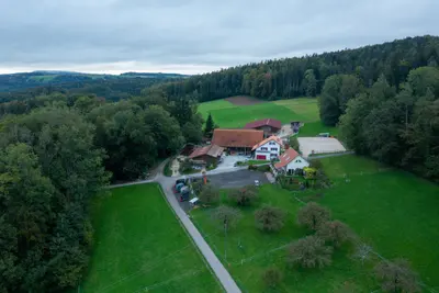 Luftaufnahme bei bewölktem Himmel: die Hofgebäude am Waldrand, ein schmaler Weg führt zwischen Wiesen und einzelnen Bäumen zum Hof, rechts ein Sandplatz