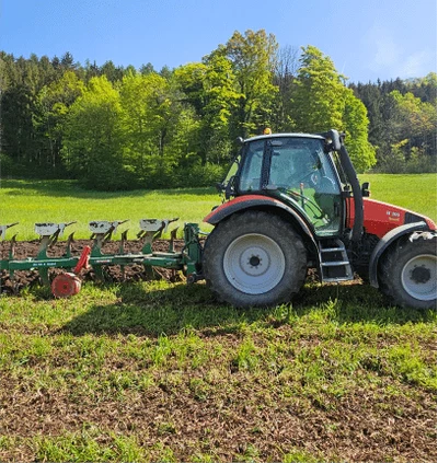 Roter Traktor mit grünem Pflug auf einer Wiese vor einem Waldrand