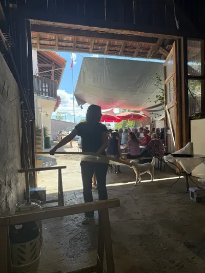 Aus der Scheune hinaus in den sonnigen Hof